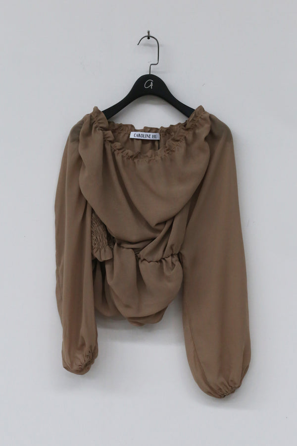 CAROLINE HU Pleated Chiffon Top AW21TANT03S Brown PCH3